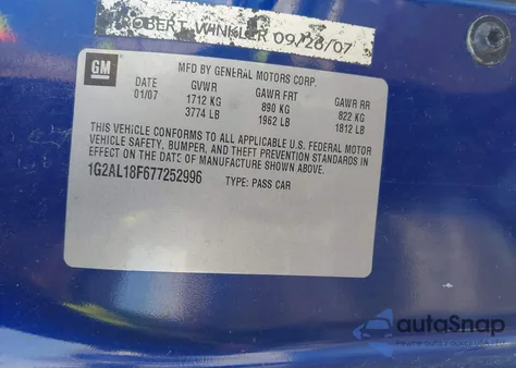 2007 Pontiac G5 z USA, uszkodzony, nr VIN 1G2AL18F677252996